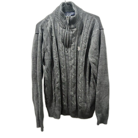 U.S. Polo Assn. Gray Cable Knit Fleece Lined Quarter Zip Sweater Men's XL - Picture 1 of 5
